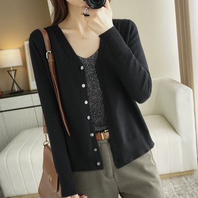 Pavasara rudens jauns trikotāžas jaciņš ar V veida kakla izgriezumu Sieviešu brīvs liela izmēra plāns džemperis All-Match jaka Pure Color Basic, mazs jaciņš