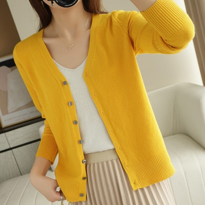 Pavasara rudens jauns trikotāžas jaciņš ar V veida kakla izgriezumu Sieviešu brīvs liela izmēra plāns džemperis All-Match jaka Pure Color Basic, mazs jaciņš