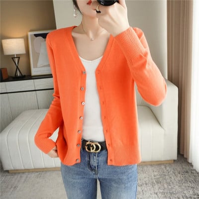 Pavasara rudens jauns trikotāžas jaciņš ar V veida kakla izgriezumu Sieviešu brīvs liela izmēra plāns džemperis All-Match jaka Pure Color Basic, mazs jaciņš