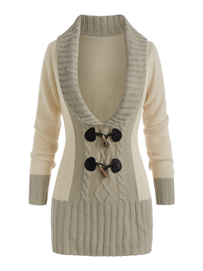 Kabeļu trikotāžas asimetrisks garais jakas Sieviešu džemperis, ikdienišķs, ciets V veida kakla izgriezums, ziemas jakas ar garām piedurknēm