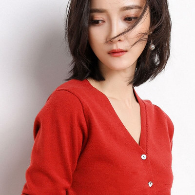 Moteriški megztiniai, 2022 m. rudens, viena krūtinė, megztas V formos iškirpte Madingas trumpas trikotažas, vientisas mėlynas žalias rožinis moteriškas džemperis