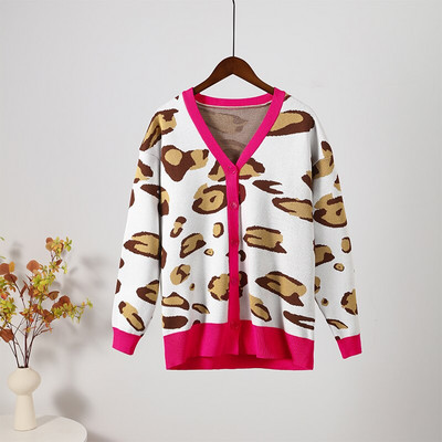 Leopard print Cardigan Γυναικείο πουλόβερ Oversize Jumper με λαιμόκοψη V πλεκτό χοντρό ζεστό γυναικείο πουλόβερ Κομψές μακρυμάνικο τοπ ζακέτες