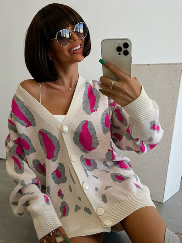 Ženski leopard jesenski pulover Kardigan široke ženske zimske elegantne veste sa životinjskim uzorkom na jedno redno kopčanje 2022.