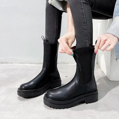 TUINANLE Chelsea Boots Chunky Boots Γυναικεία χειμερινά παπούτσια PU Δερμάτινα βελούδινα μποτάκια μέχρι τον αστράγαλο Μαύρα γυναικεία φθινοπωρινά μποτάκια πλατφόρμας μόδας