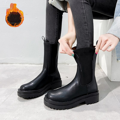 TUINANLE Chelsea Boots Chunky Boots Γυναικεία χειμερινά παπούτσια PU Δερμάτινα βελούδινα μποτάκια μέχρι τον αστράγαλο Μαύρα γυναικεία φθινοπωρινά μποτάκια πλατφόρμας μόδας