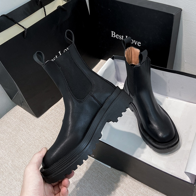 TUINANLE Chelsea Boots Chunky Boots Γυναικεία χειμερινά παπούτσια PU Δερμάτινα βελούδινα μποτάκια μέχρι τον αστράγαλο Μαύρα γυναικεία φθινοπωρινά μποτάκια πλατφόρμας μόδας