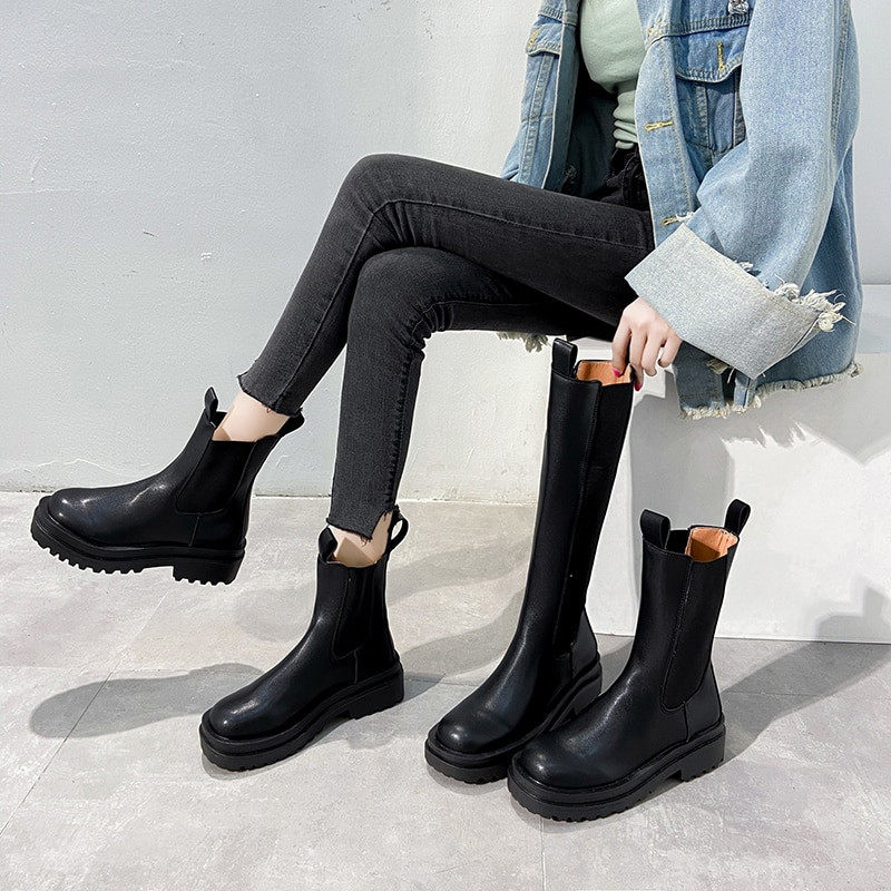 TUINANLE Chelsea Boots Chunky Boots Γυναικεία χειμερινά παπούτσια PU Δερμάτινα βελούδινα μποτάκια μέχρι τον αστράγαλο Μαύρα γυναικεία φθινοπωρινά μποτάκια πλατφόρμας μόδας