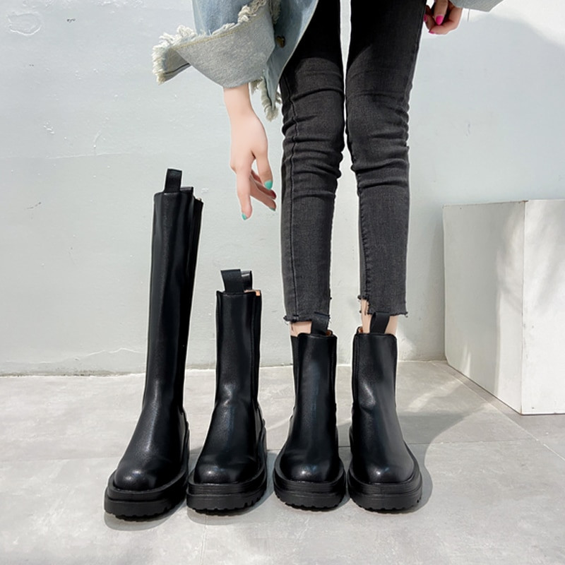 TUINANLE Chelsea Boots Chunky Boots Γυναικεία χειμερινά παπούτσια PU Δερμάτινα βελούδινα μποτάκια μέχρι τον αστράγαλο Μαύρα γυναικεία φθινοπωρινά μποτάκια πλατφόρμας μόδας