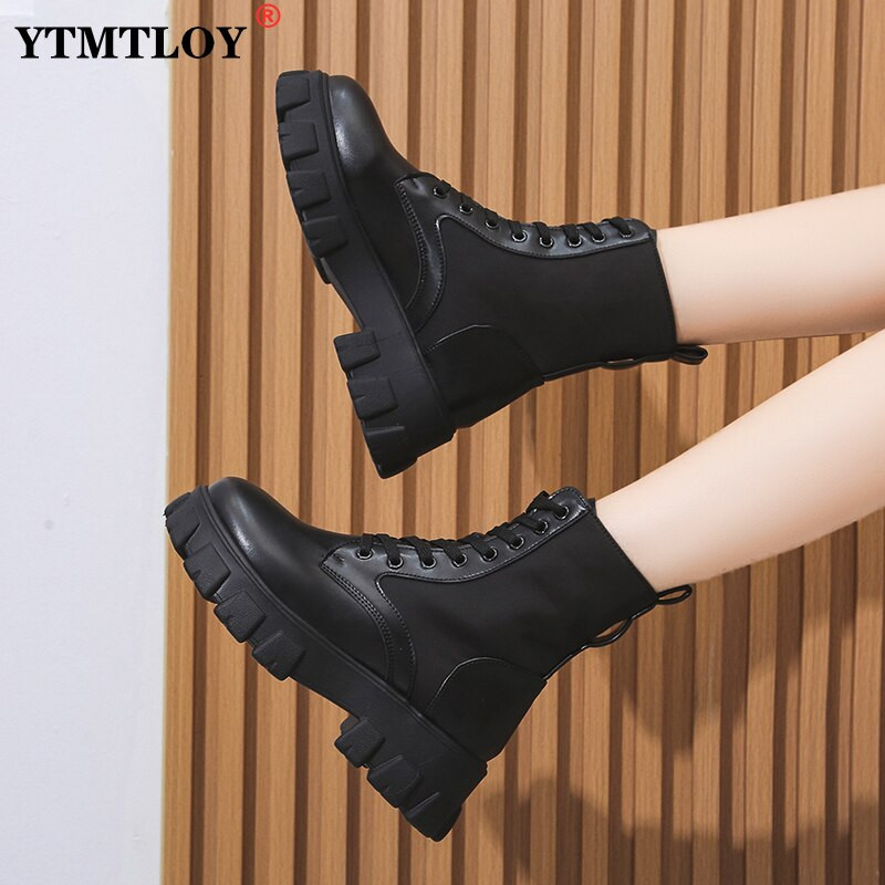 Jauni Botas Sieviešu Motociklu Puszābaki Ķīļi Sieviešu šņorzābaki Platformas Pavasara Melnas Ādas Oksfordas Apavi sievietēm Botas Mujer Soma