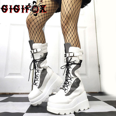 Φθινοπωρινές χειμερινές εκπτώσεις 2022 Punk Halloween Witch Πλατφόρμα Cosplay Ψηλά τακούνια με σφήνες μαύρες γοτθικές μπότες μοσχάρι Γυναικεία παπούτσια μεγάλο μέγεθος 43