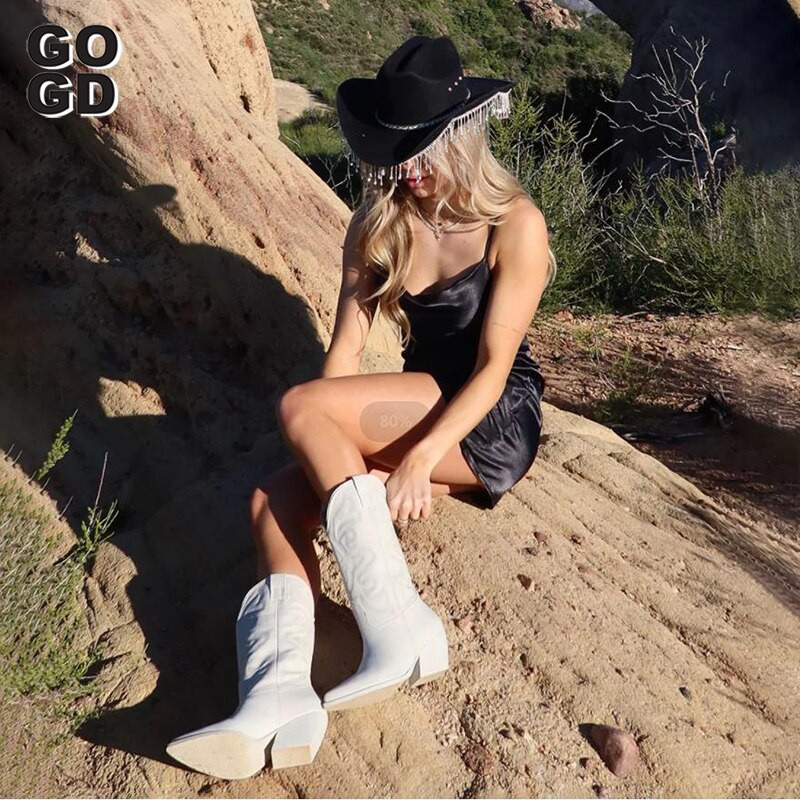 GOGD Kaubojske ružičaste kaubojke čizme za žene 2022. Modne čizme s izvezenim šiljastim prstima s patentnim zatvaračem Debela potpetica Vester čizme do sredine listova Sjajne cipele