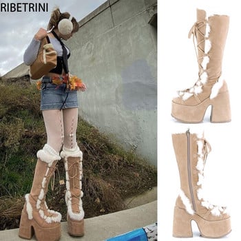 RIBETRINI Brand Designer Fur Gothic Chunky Block Heel Дамски ботуши с висок ток Платформа Cosplay Casaul Парти Топли ботуши Обувки Дамски