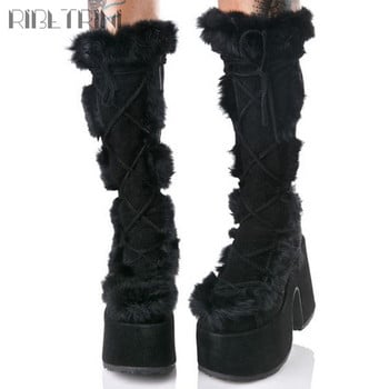 RIBETRINI Brand Designer Fur Gothic Chunky Block Heel Дамски ботуши с висок ток Платформа Cosplay Casaul Парти Топли ботуши Обувки Дамски