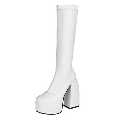 Μαύρες χοντρές γόβες ελαστικές μικρο μπότες ψηλά στο γόνατο για γυναίκες πανκ στυλ φθινοπώρου Χειμωνιάτικο Χοντρό Πλατφόρμα Ψηλά μποτάκια για πάρτι Γυναικεία παπούτσια