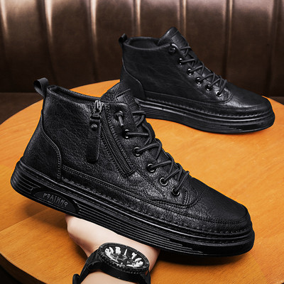 Ανδρικές ψηλές χειμερινές μπότες με φερμουάρ και κορδόνια - οικολογικό δέρμα