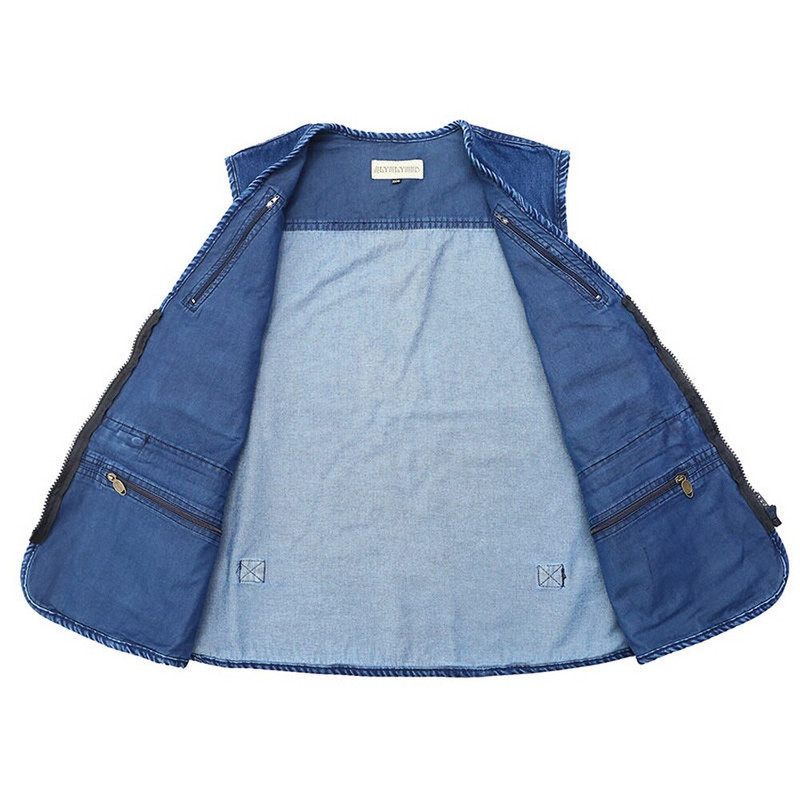 2021. gada liela izmēra V veida kakla izgriezums, klasiska vairāku džinsu auduma darba veste, masīva vīriešu ikdienas veste ar daudzām kabatām Makšķernieku veste bez piedurknēm