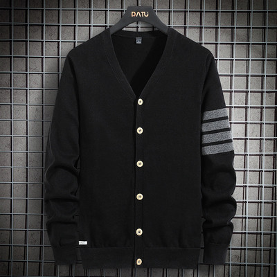 Μαύρα ριγέ ανδρικά ζακέτα πουλόβερ 100% βαμβακερά χειμωνιάτικα ζεστά λεπτά V ανδρικά ρούχα Κορεάτικο πλεκτό πουλόβερ Homme Παλτό Oversize
