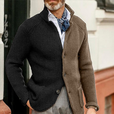 Vyriškas megztinis megztinis megztas su viena krūtine sagomis žieminis vienspalvis stovas apykaklė Vyriškas megztas švarkas pilnomis rankovėmis