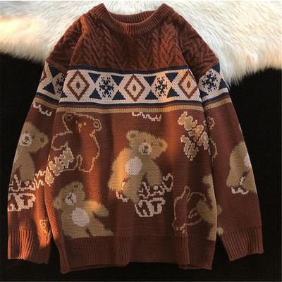 Cute Bear Tops Oversize Ανδρικά Πλεκτά πουλόβερ Φθινοπωρινά πουλόβερ Χαλαρά Harajuku Kawaii Λευκά Γυναικεία πουλόβερ για ζευγάρια