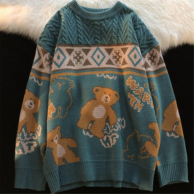 Cute Bear Tops Oversize Ανδρικά Πλεκτά πουλόβερ Φθινοπωρινά πουλόβερ Χαλαρά Harajuku Kawaii Λευκά Γυναικεία πουλόβερ για ζευγάρια