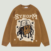 Ielu apģērbi Vīriešu trikotāžas džemperi Retro Harajuku karikatūra Portrets ar burtiem Apdrukāts Džemperis Lielizmēra gadījuma džemperis ar O veida kakla izgriezumu unisex