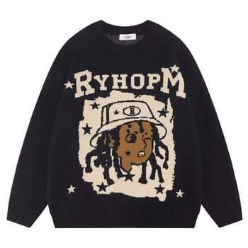 Streetwear Мъжки плетени пуловери Ретро Harajuku Cartoon Portrait Letter Printed Jumper Oversized Ежедневен пуловер с О-образно деколте Унисекс