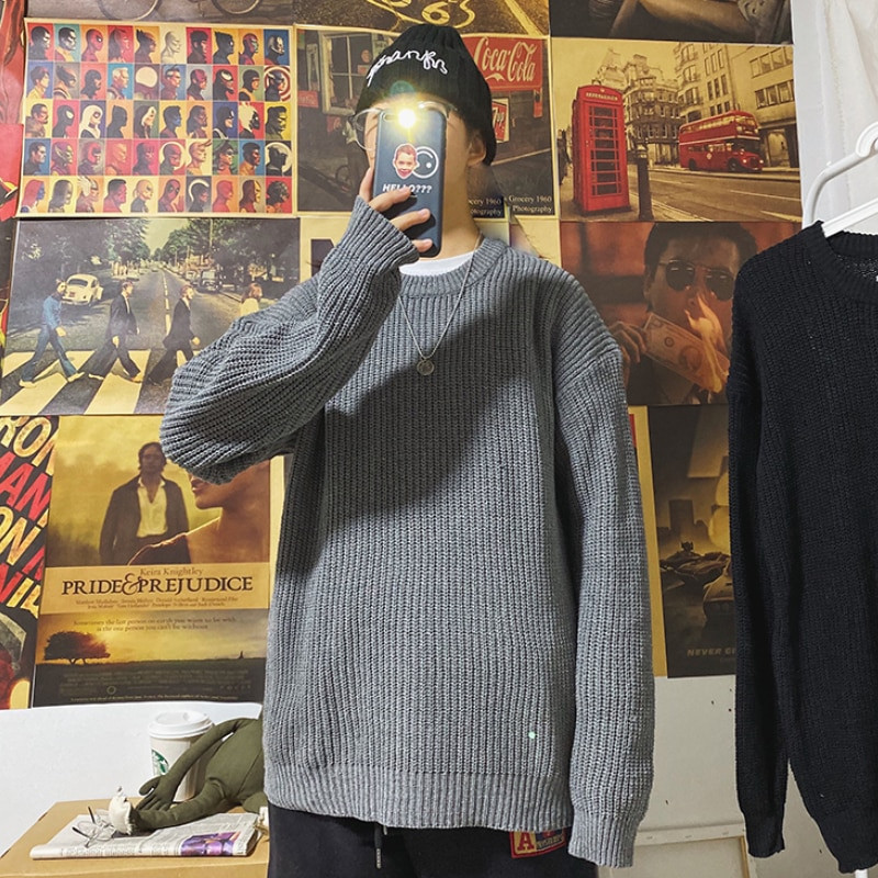 Ziemas rievoti džemperi vīriešiem, omulīgi, brīvi o veida kakla izgriezuma vienkrāsaini džemperi, pāri, adīti retro, silti ar garām piedurknēm korejiešu stila džemperi pusaudžiem