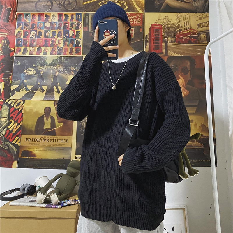 Ziemas rievoti džemperi vīriešiem, omulīgi, brīvi o veida kakla izgriezuma vienkrāsaini džemperi, pāri, adīti retro, silti ar garām piedurknēm korejiešu stila džemperi pusaudžiem