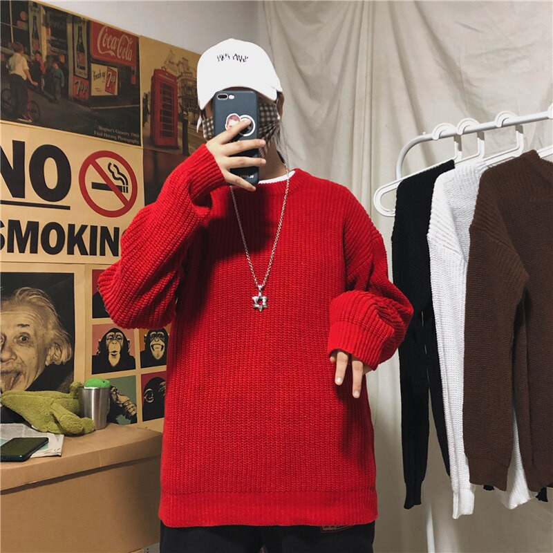 Ziemas rievoti džemperi vīriešiem, omulīgi, brīvi o veida kakla izgriezuma vienkrāsaini džemperi, pāri, adīti retro, silti ar garām piedurknēm korejiešu stila džemperi pusaudžiem