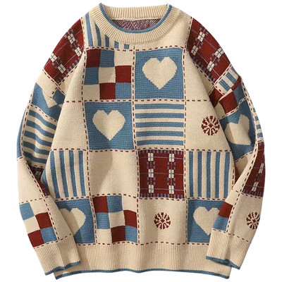 Vintage pulóver férfi hip-hop utcai viselet Harajuku Retro japán stílusú szerelmes kötött pulóver 2022 párok őszi pamut pulóver