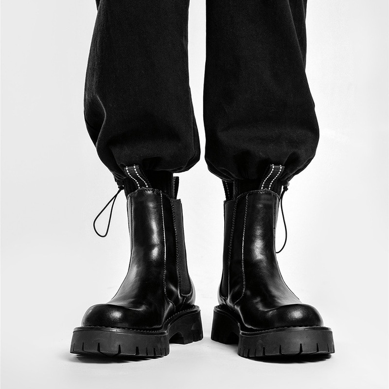 Melni vīriešu Chelsea zābaki, šķeltas ādas vīriešu zābaki uz potītēm, platforma, ikdienas apavi, apaļi purngali, brīvā laika motociklu zābaki