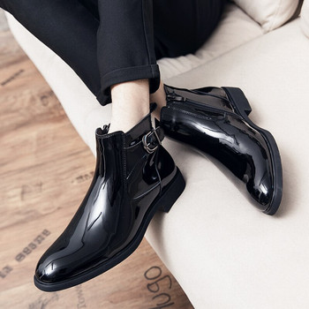 Кожени мъжки боти до глезена Висококачествени маркови лачени ежедневни обувки Модни черни плътни големи мъжки ботуши 37-45
