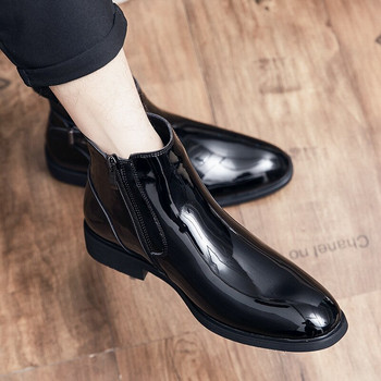 Кожени мъжки боти до глезена Висококачествени маркови лачени ежедневни обувки Модни черни плътни големи мъжки ботуши 37-45