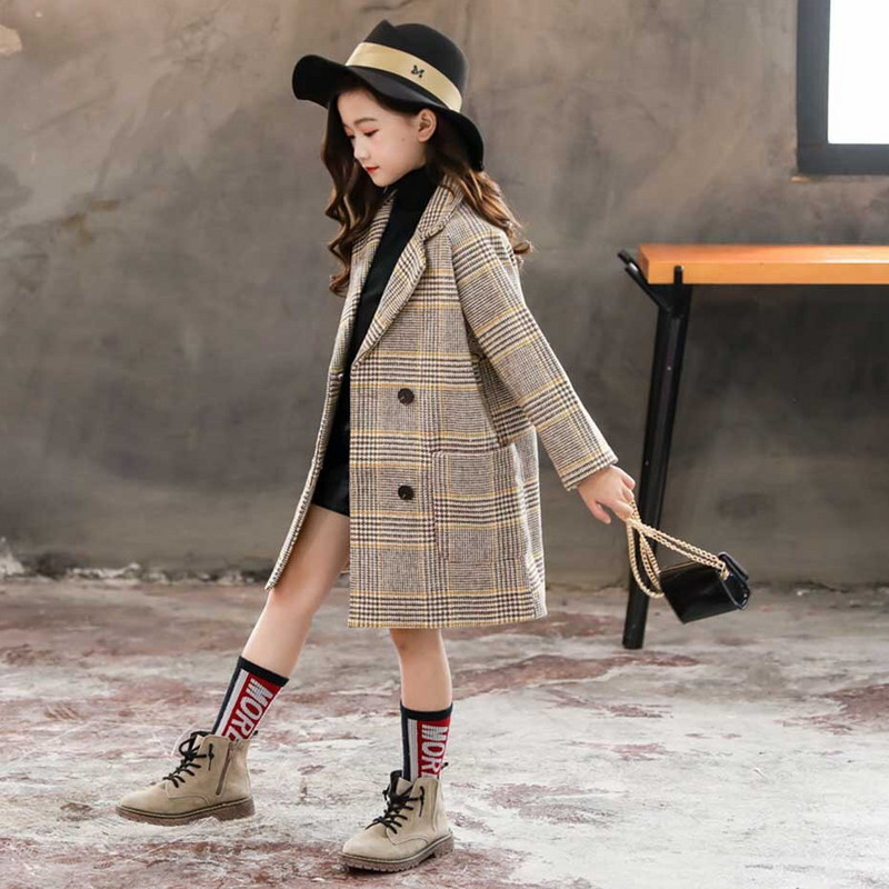 Ziemas mētelis meitenēm Bieza vilnas jaka meitenēm Modes rūtaini bērnu virsdrēbes Rudens Anglija Pusaudžu apģērbi meitenēm Skola