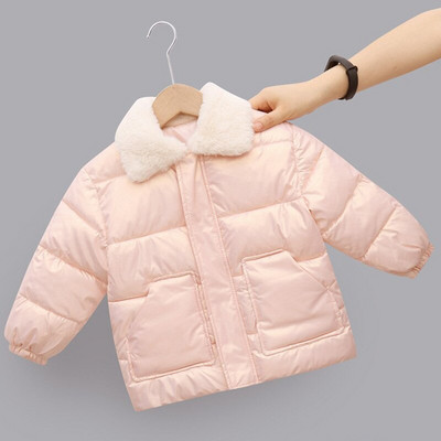 2022. gada jauns ziemas bērnu siltās kokvilnas jakas Trušu kažokādas apkakles mēteļi mazuļu īsi stepēta jaka Bērnu apģērbi meiteņu zēnu virsdrēbes