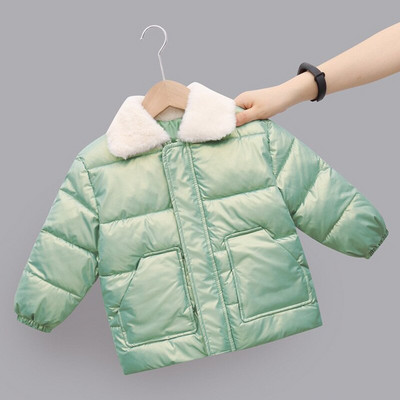 2022. gada jauns ziemas bērnu siltās kokvilnas jakas Trušu kažokādas apkakles mēteļi mazuļu īsi stepēta jaka Bērnu apģērbi meiteņu zēnu virsdrēbes
