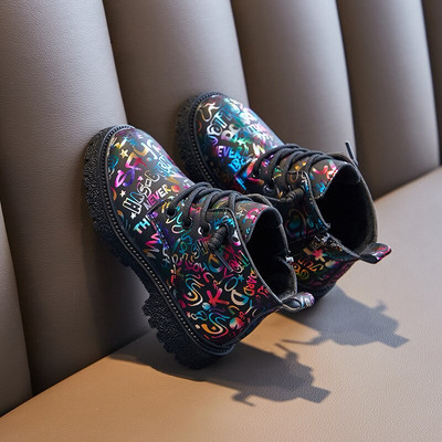 Παιδική μόδα με Word Prints Cool Tide Boots για αγόρια Παιδιά Unisex Κορεάτικα Νέα PU Ευέλικτα Princess Ankle Boots για κορίτσια