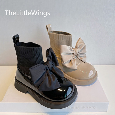 Παιδικά παπούτσια μόδας λουστρίνι φιόγκος για κορίτσια Δερμάτινα μποτάκια 2022 φθινόπωρο νέες παιδικές κάλτσες μονές μπότες 1-15 ετών