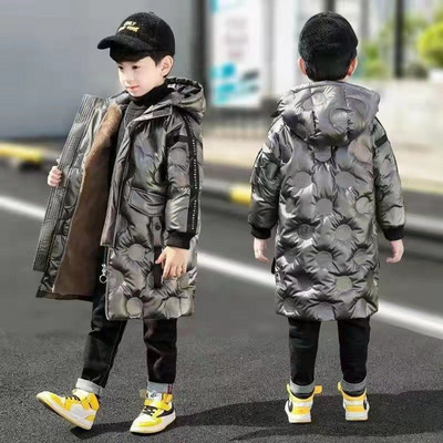 Ziemas 2-14 gadus veciem bērniem ar burtu apdruku Jacket Boys vienkrāsaina vienkārša brīva jaka silta Plīša dūnu jaka ar kapuci