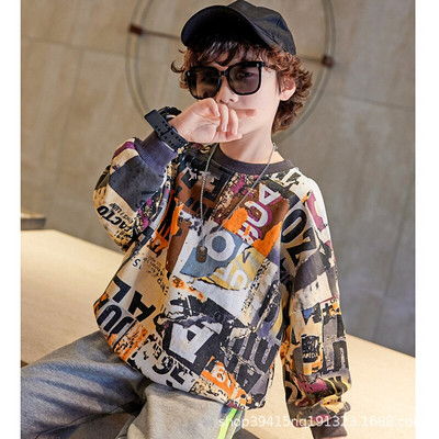 Zēnu džemperis, 2022. gada pavasara rudens, jauns drukāts ciparu un burtu džemperis Bērnu džemperis Skaisti topi