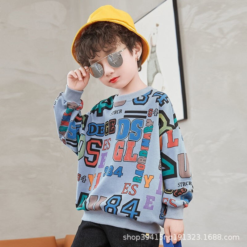 Zēnu džemperis, 2022. gada pavasara rudens, jauns drukāts ciparu un burtu džemperis Bērnu džemperis Skaisti topi