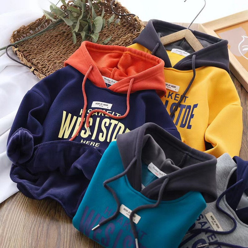Ziemas zēnu apģērbi Hoodies Plus velet Thicken Thermal Loose Puloveri burtu apdruka Ikdienas bērnu apģērbi sporta krekli Topi