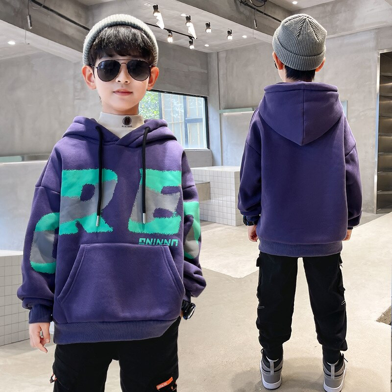 Poiste kevad-sügis pikkade varrukatega topid Uus mood Laste kapuutsiga kampsunid Teen Boy Must lilla pullover 5 6 7 8 9 11 14 aastat