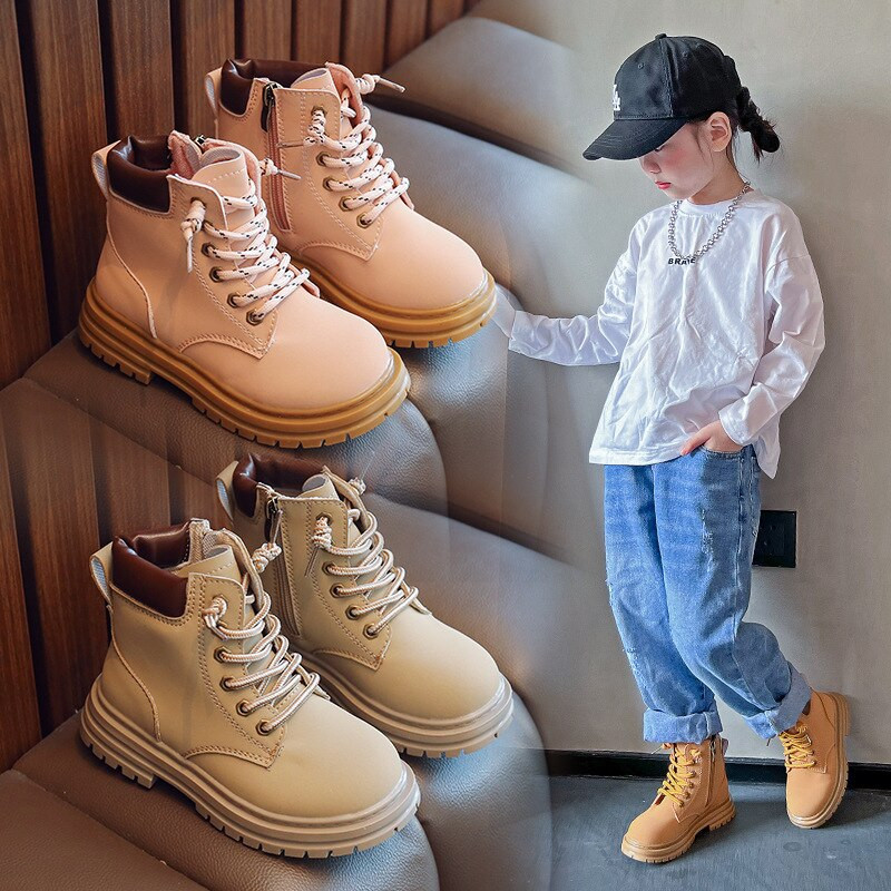 Trend bērnu zābaki ar kuplu zoli zirgu izjādes meitenēm Rozā Retro pelēki brūni zēnu motociklu zābaki Ērti bērnu apavi F07244