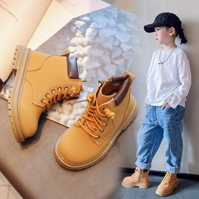 Trend bērnu zābaki ar kuplu zoli zirgu izjādes meitenēm Rozā Retro pelēki brūni zēnu motociklu zābaki Ērti bērnu apavi F07244