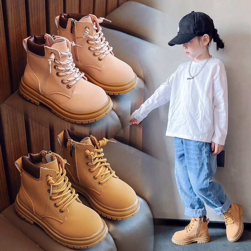 Trend bērnu zābaki ar kuplu zoli zirgu izjādes meitenēm Rozā Retro pelēki brūni zēnu motociklu zābaki Ērti bērnu apavi F07244