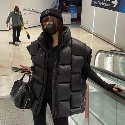 Ζεστό γιλέκο 2022 Αμάνικο Γυναικείο Πράσινο Χαλαρό Λευκό Γιλέκο με Πούπι Πάπια Μόδα Στάντ Γιακά Αμάνικο Ζευγάρι υφαντό γιλέκο