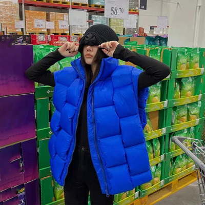 Ζεστό γιλέκο 2022 Αμάνικο Γυναικείο Πράσινο Χαλαρό Λευκό Γιλέκο με Πούπι Πάπια Μόδα Στάντ Γιακά Αμάνικο Ζευγάρι υφαντό γιλέκο