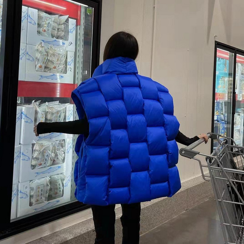 Ζεστό γιλέκο 2022 Αμάνικο Γυναικείο Πράσινο Χαλαρό Λευκό Γιλέκο με Πούπι Πάπια Μόδα Στάντ Γιακά Αμάνικο Ζευγάρι υφαντό γιλέκο