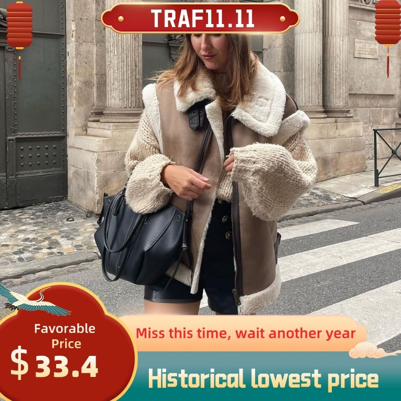 TRAF 2022 Φθινοπωρινό χειμωνιάτικο γιλέκο από φλις γυναικείο τζάκετ Splice αμάνικο γιλέκο Γυναικεία ζεστά μπλουζάκια